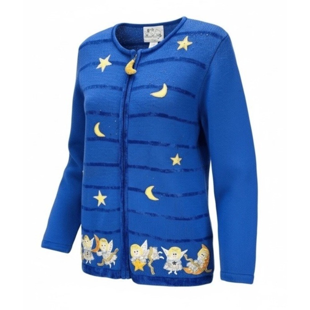 Quacker Factory Blue Angel Moon Star Zip Cardigan Sweater Beaded Christmas L